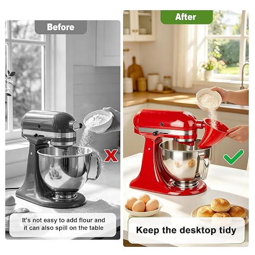 Flour Funnel for KitchenAid Mixer, Anti-Splash Pouring Chute for 4.5-5 Qt Tilt-Head Stand Mixer (KSM150), Mess-Free Baking Tool, BPA-Free Dishwasher Safe KitchenAid Accessories (White)