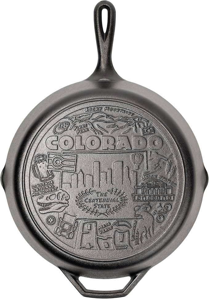 Lodge 12 Inch Cast Iron Skillet – Pre-Seasoned Frying Pan with Teardrop Handle – Oven, Stovetop, Grill & Campfire Use – Made in USA – Non-Toxic, Even-Heating Cookware – Colorado