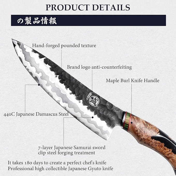 MITSUMOTO SAKARI 8-Inch Japanese Gyuto Chef Knife, 440C Damascus Steel | Precision Pull Cuts, Deep-Cryo Edge Stability, 2.2 mm Thin Blade Control, Maple Burl Handle, Sandalwood Box