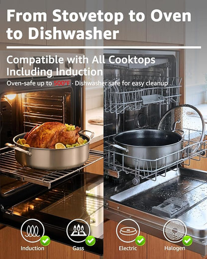 LOLYKITCH 7 QT & 12 Inch Ceramic Nonstick Cookware Set - Tri-Ply Stainless Steel Large Sauté Pan with Lid and Frying Pan - Oven & Dishwasher Safe, Detachable Handle, PFOA-Free, Induction Compatible