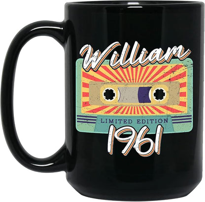 Personalized Vintage Cassette Tape Vintage 1961 Mug, Custom Your Name, 1961 Retro Coffee Mug, 61st Birthday Present Gifts, 1961 Birthday Gift For Friends Family, Customizable Black Tea Cups