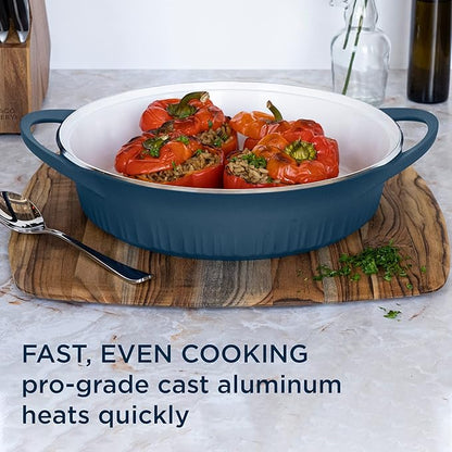 CorningWare QuickHeat 4-QT Cast Aluminum Braiser With Lid, Nonstick Ceramic Interior, Lightweight and Fast Even Heat Baking & Cooking, For Meats, Soup, Browning, Searing, French Navy