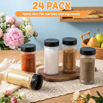 Jadive 24 Pcs Plastic Spice Jars with Shaker Lids Clear Spice Bottles Plastic Seasoning Containers Empty Shaker for Kitchen Storing Herbs Seasoning Powders Pepper Dry Goods (12 oz,Black)