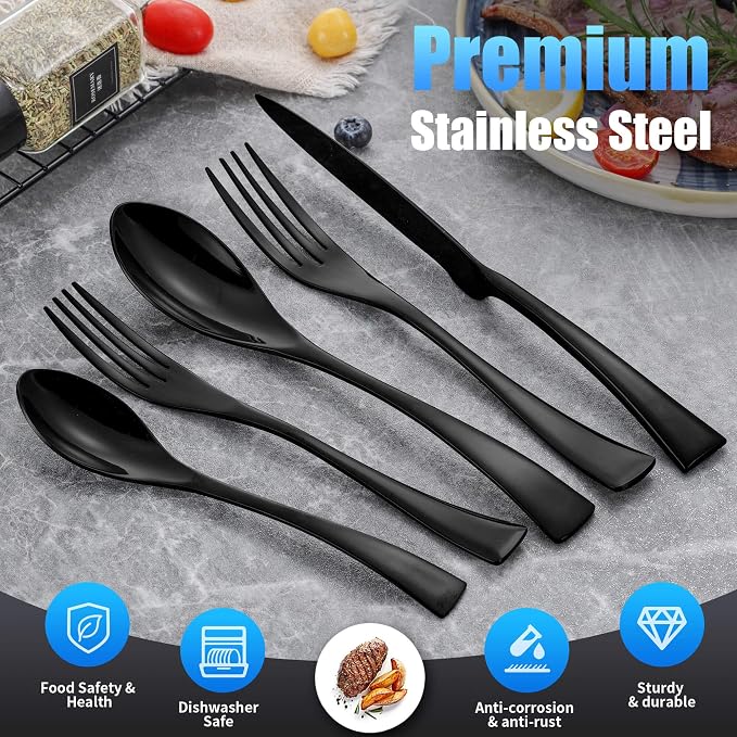 Lemeya 20-Pieces Black Silverware Set for 4,Heavy Duty 18/10 Stainless Steel Flatware Set with Forged Stand Knives,Modern Cutlery Utensil Set,Mirror Polished,Dishwasher Safe