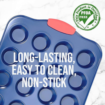 NutriChef 17” Nonstick Mini Muffin Pan - Premium Carbon Steel 24 Cup Baking Tray w/ Red Silicone Handles, Easy to Clean Mini Cupcake Bakewear - Dishwasher Safe, Blue