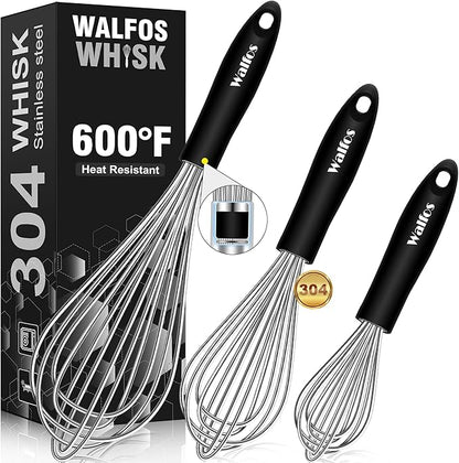 Stainless Steel Wire Whisk Set - 3 Packs Balloon Whisk, Thick Wire Wisk ＆ Strong Handles, Egg Frother for Cooking, Blending, Whisking, Beating and Stirring (7"+9"+11")