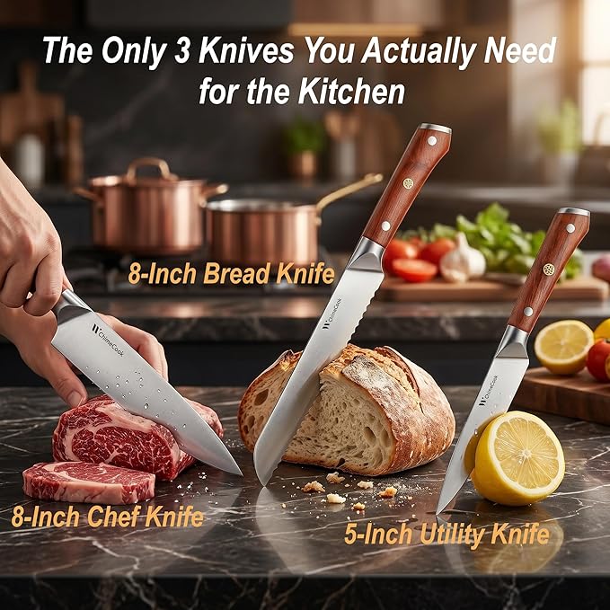 Rosewood Kitchen Knife Set - 3Pcs, Chef/Bread/Utility Knives, High Carbon Stainless Steel, Ultra Sharp, Simple & Practical Essential Kitchen Knife Set for Everyday