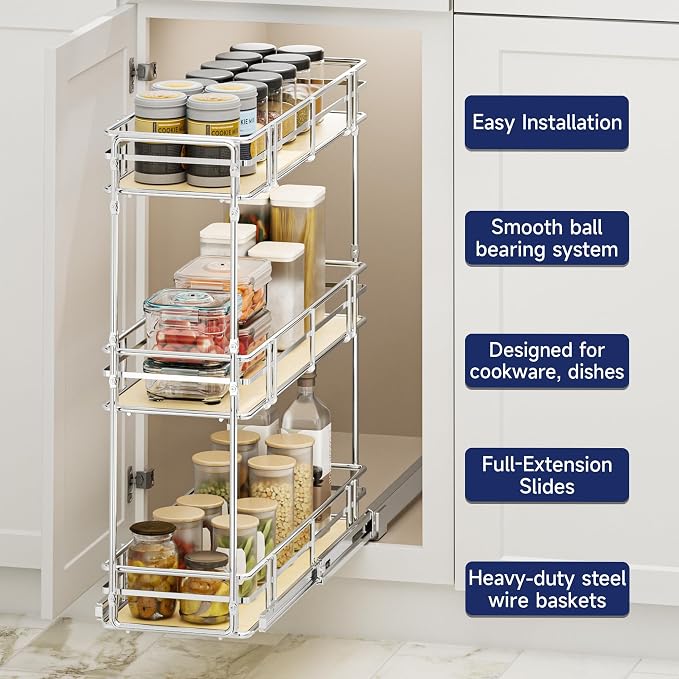 8" W x 20.5" D 3-Tier Pull Out Spice Rack Organizer, Solid Wood Base Slide Out Cabinet Shelf for Narrow Kitchen Cabinets, Chrome Pantry Storage