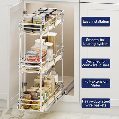 8" W x 20.5" D 3-Tier Pull Out Spice Rack Organizer, Solid Wood Base Slide Out Cabinet Shelf for Narrow Kitchen Cabinets, Chrome Pantry Storage