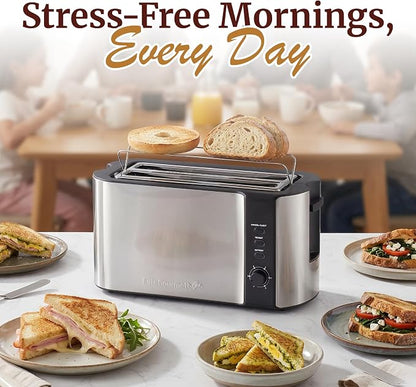 Elite Gourmet ECT-3100 4-Slice Long Slot Toaster | Extra Wide Slots for Bagels, Sourdough & Texas Toast | 6 Browning Settings | Reheat, Defrost & Cancel | Built-In Warming Rack | Stainless Steel