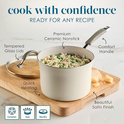 Rachael Ray Cucina Ceramic Nonstick Cookware Pots and Pans Set, 13-Piece, Almond