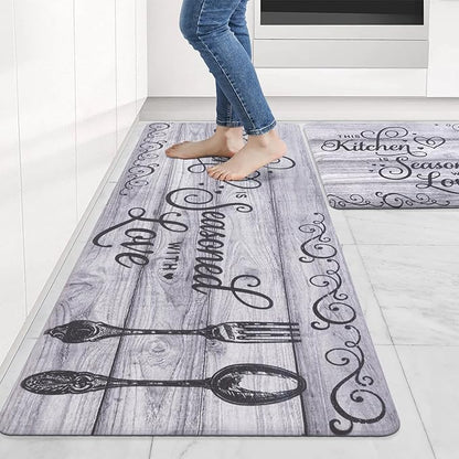 Carvapet Kitchen Floor Mats 2Pcs, Anti Fatigue Kitchen Rugs and Mats Farmhouse Spoon&Fork Non-Skid Cushioned Floor Comfort Mat for Kitchen, Doorway, Sink, Laundry, 17"x27"+17"x47"