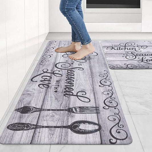 Carvapet Kitchen Floor Mats 2Pcs, Anti Fatigue Kitchen Rugs and Mats Farmhouse Spoon&Fork Non-Skid Cushioned Floor Comfort Mat for Kitchen, Doorway, Sink, Laundry, 17"x27"+17"x47"