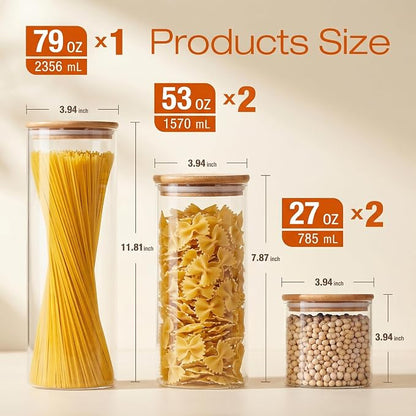 HomArtist Glass Jars with Bamboo Lids [Muti Size Set of 5], Glass Canisters with Airtight Lids, Glass Food Storage Containers for Pasta, Oats, Coffee, Flour, Sugar, Rice, Best for Kitchen & Pantry