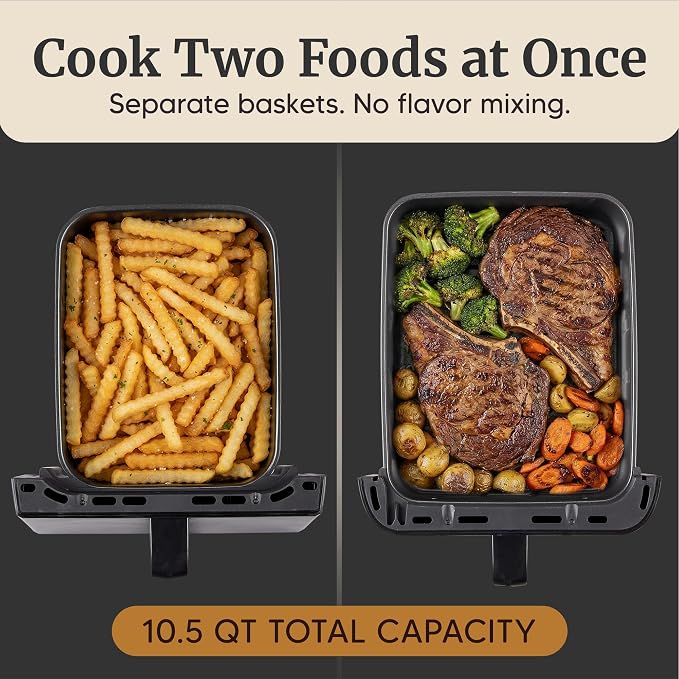 Elite Gourmet EAF6535 Dual Stacked Air Fryer, 10.5 Qt Total Capacity, Family Size, PFAS-Free Dishwasher Safe Nonstick Baskets, Sync Cook & Sync Finish, 10 Presets, 1700W, Black