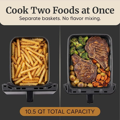 Elite Gourmet EAF6535 Dual Stacked Air Fryer, 10.5 Qt Total Capacity, Family Size, PFAS-Free Dishwasher Safe Nonstick Baskets, Sync Cook & Sync Finish, 10 Presets, 1700W, Black