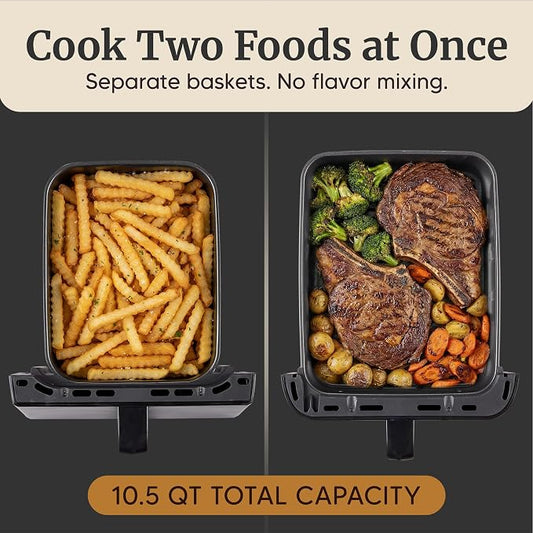 Elite Gourmet EAF6535 Dual Stacked Air Fryer, 10.5 Qt Total Capacity, Family Size, PFAS-Free Dishwasher Safe Nonstick Baskets, Sync Cook & Sync Finish, 10 Presets, 1700W, Black