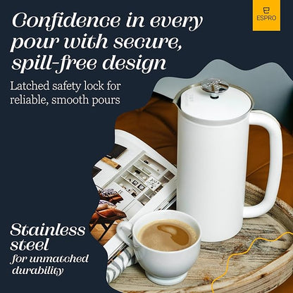 ESPRO Pro P7 French Press Coffee Maker - Double-Walled Stainless Steel Insulated with Micro-Filter - Matte White 32 oz