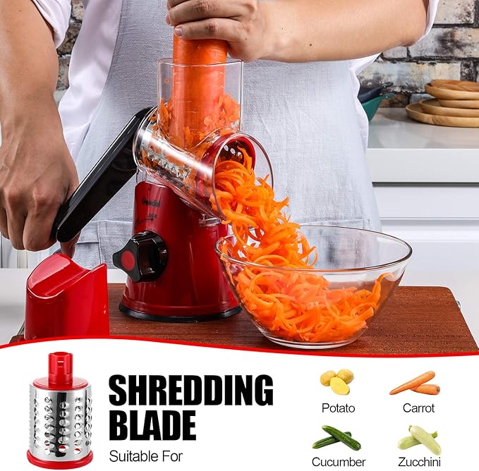 Geedel Rotary Cheese Grater, Kitchen Mandoline Vegetable Slicer with 3 Interchangeable Blades, Easy to Clean Rotary Grater Slicer for Cheese, Vegetables, Nuts