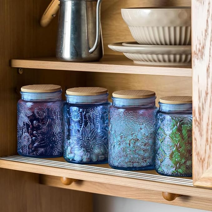 Custde Blue Vintage Glass Candy Jar with Airtight Bamboo Lid, 23.7oz Kitchen Storage Canister for Sugar, Coffee, Tea, Cookies, Bath Salt - Decorative Mason Jar for Pantry & Counter(Blue, 23.7 fl oz)