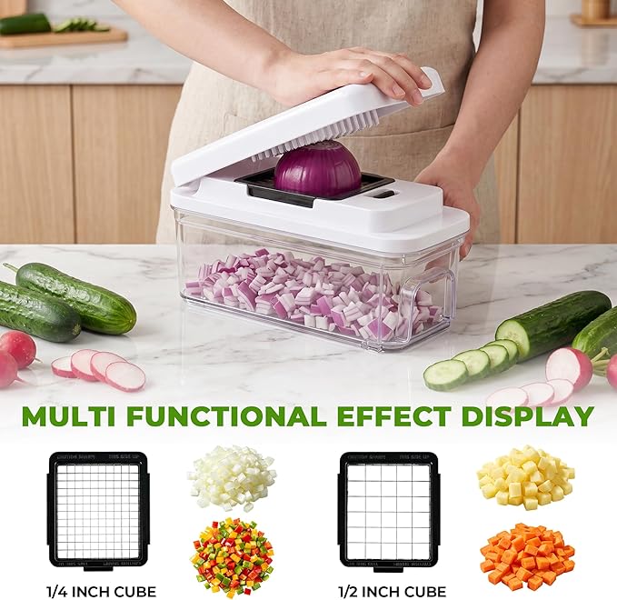 SUSTEAS Kitchen Vegetable Chopper and Mandolin Slicer, Vegetable Cutter with Pull-Out Container, Multifunctional Chopper for Onion, Potato, Food and Fruit, Essentials Kitchen Gadgets (7-in-1, White)