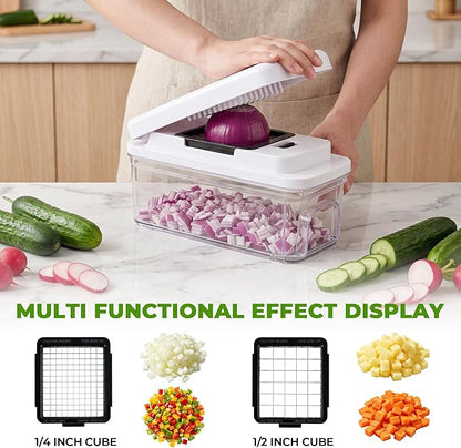 SUSTEAS Kitchen Vegetable Chopper and Mandolin Slicer, Vegetable Cutter with Pull-Out Container, Multifunctional Chopper for Onion, Potato, Food and Fruit, Essentials Kitchen Gadgets (7-in-1, White)