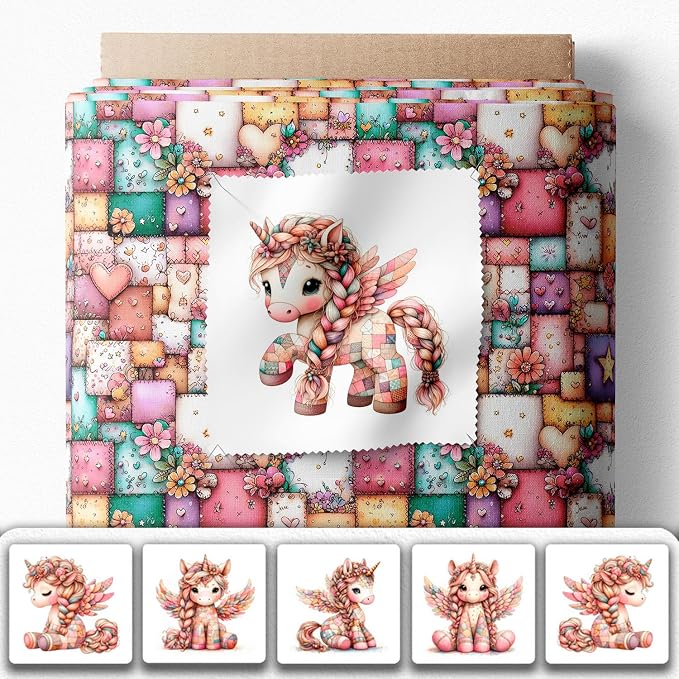 Unicorn Patchwork Cotton Fabric Panel – 6 Designs (10×10 inch Each) + Bonus Patchwork Sheet 29.5×19.6 inch, 100% Cotton 140 GSM
