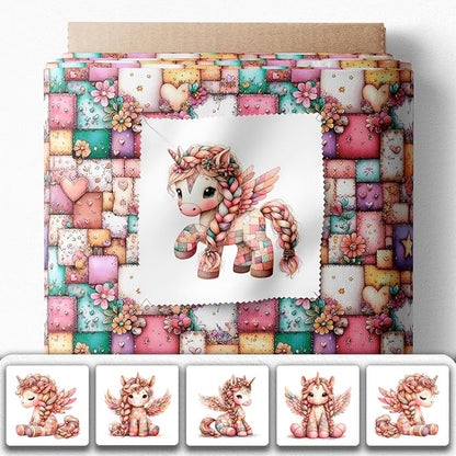 Unicorn Patchwork Cotton Fabric Panel – 6 Designs (10×10 inch Each) + Bonus Patchwork Sheet 29.5×19.6 inch, 100% Cotton 140 GSM
