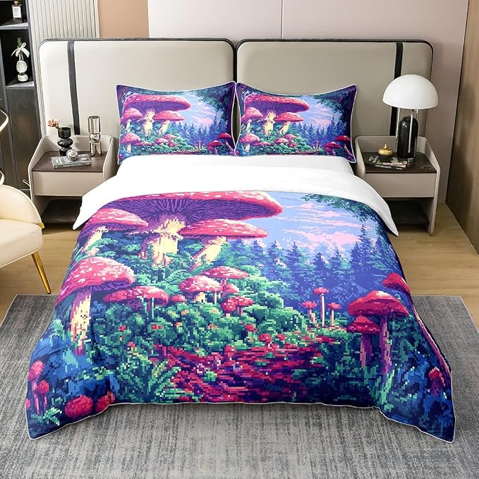 Twin Size Duvet Cover Trippy Mushroom 100% Pure Cotton Bedding Set Pixelated Video Games Bedding Set (No Filler) Nature Wild Plants Comforter Cover for Room Decor 2 PCS