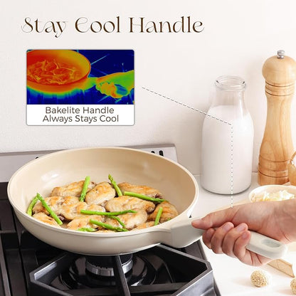 PRICUSIS Nonstick Ceramic Frying Pan, 8/10 Inch Skillet with Stay Cool Handle, Fully Coated, Induction Compatible, 100% Dishwasher Safe, PTFE PFAS & PFOA Free（10 Inch, Coconut White）