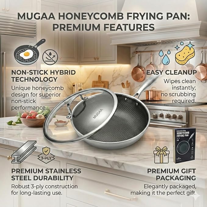 12 Inch Stainless Steel Frying Pan with Lid - Honeycomb Nonstick Skillet - PFOA-Free - Induction Compatible - Oven Safe to 450°F - Dishwasher Safe