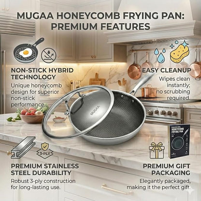 12 Inch Stainless Steel Frying Pan with Lid - Honeycomb Nonstick Skillet - PFOA-Free - Induction Compatible - Oven Safe to 450°F - Dishwasher Safe