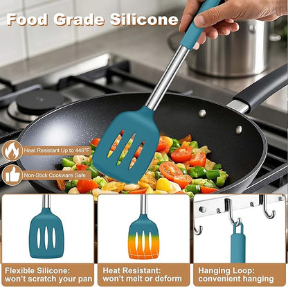 LIANYU Silicone Kitchen Cooking Utensils Set, 4Pcs Heat Resistant Kitchen Tools Spatula for Nonstick Cookware, Slotted Turner, Spoon, Soup Ladle, Pasta Server, Skimmer, Tongs, Blue