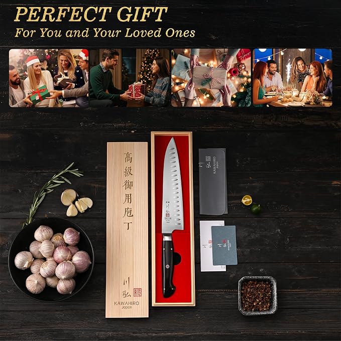 Professional Chef Knife, 9.5" Handcrafted Japanese Chef Knife for Efficient Kitchen, Japan High Carbon Alloy Steel Gyuto Knife with Hollow Blade, Premium Rosewood Handle, Cooking Gift for Men Women