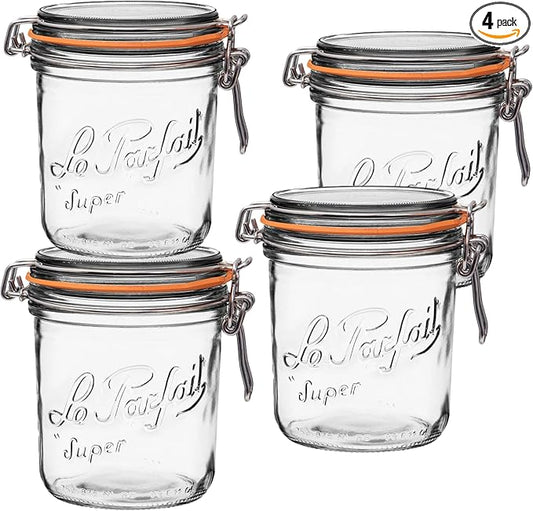 Le Parfait Super Terrine 750mL (24oz) Zero Waste Eco-Friendly Glass Canning Jars, Airtight Rubber Seal & Wire Bail Lid, BPA-Free, Water Bath Safe for Food Storage & Preserving, Made in France, 4PK