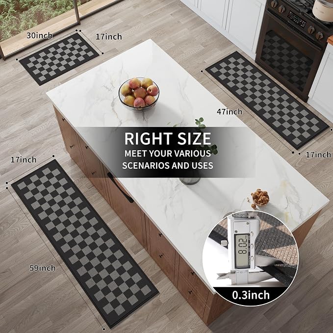 YDKGL Kitchen Runner Rugs Non Slip Washable, Super Absorbent Kitchen Mats for Floor, Linen-Look Woven Sink Mat Standing Mat, Easy Clean, Black Gray Checkered 17"x59"