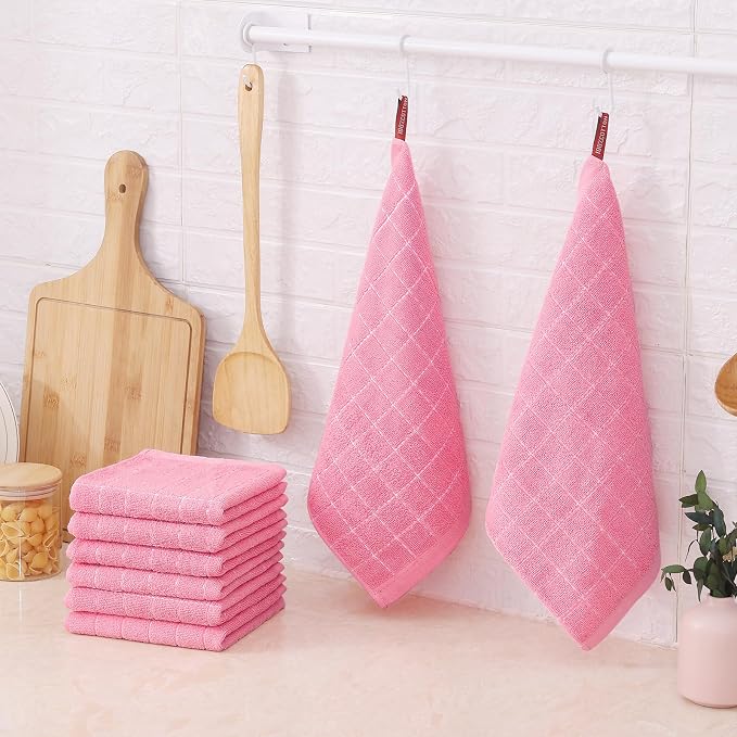 Mordimy 100% Cotton Terrycloth Kitchen Towels and Dishcloths Sets, Soft and Absorbent Checkered Dish Towels, Quick Drying Dish Rags for Washing Dishes, 4 Pack 16" x 26" & 4 Pack 12" x 12", Pink