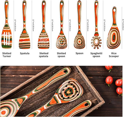 Gudamaye Pakkawood 7-Piece Red Wooden Cooking Utensils, Wooden Spoons for Cooking,Wooden Spoon Set, Wooden Kitchen Utensil set, Pakkawood kitchen Utensils for Serving, Bridal Shower Gifts