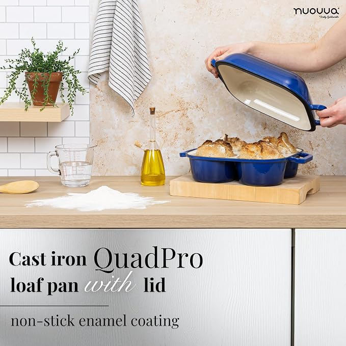 QuadPro Enamelled Cast Iron Bread Loaf Pot – Dutch Oven for Sourdough Bread Baking – 500°F Oven Safe Non Stick Bread Pot – 4 Round Loaf Spaces (4.90-inch Diameter), Dark Blue – by Nuovva