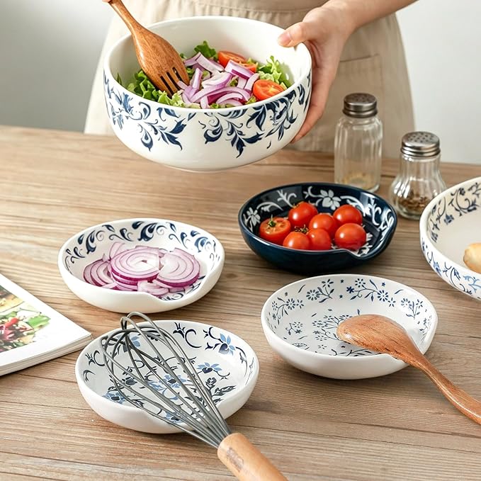 Spoon Rest Ceramic, 4.8 Inch Spoon Holder and Utensil rest for Stovetop, Vintage Spoon Rest Set of 4 for Spatula, Ladle, Kitchen Gadget Cooking Gift, Blue and White Floral Pattern, Kitchen Decor