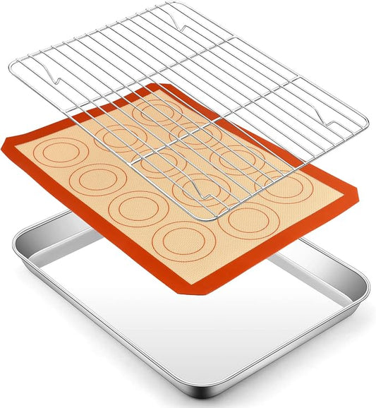 P&P CHEF 12.5 Inch Baking Oven Sheet Pan with Rack & Mat for Cookie, Stainless Steel Oven Sheet Tray Cooling Rack and Silicone Mat for Baking & Roasting, Dishwasher Safe & Healthy, 3Pcs