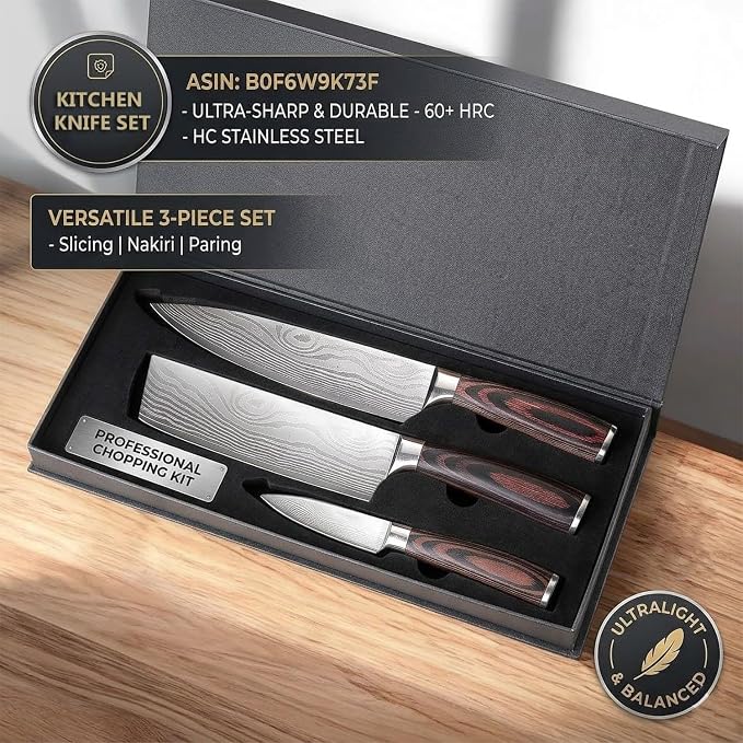 3 PCS Japanese Nakiri Knife Set - Professional High Carbon Stainless Steel Vegetable Cleavers, Ultra Sharp Razor Edge Kitchen Knife with Ergonomic Handle & Gift Box, Multi-purpose Asian Chef Knives
