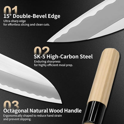 6.7 Inch Santoku Knife, Made in Japan, SK-5 High Carbon Steel Kasumi Japanese Chef Knife with Octagonal Natural Wood Handle, Kitchen Knife for Slicing Meat & Vegetables