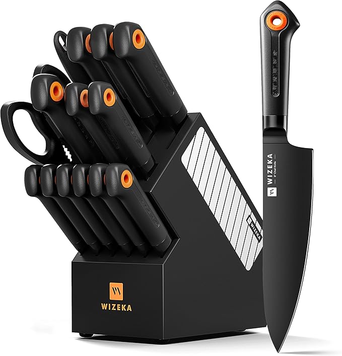 Knife Set, WIZEKA 15 Pieces Knife Sets for Kitchen with Block, Dishwasher Safe Kitchen Knife Set, Extremely sharp Stainless Steel Knife Block Set, Dark Vision Series