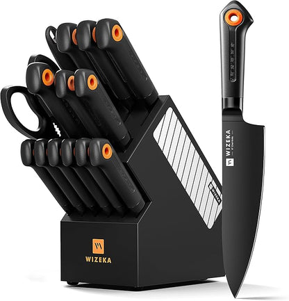 Knife Set, WIZEKA 15 Pieces Knife Sets for Kitchen with Block, Dishwasher Safe Kitchen Knife Set, Extremely sharp Stainless Steel Knife Block Set, Dark Vision Series