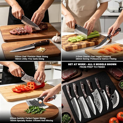 6PCS Kitchen Knife Set Kitchen High Carbon Steel Hand Forged Sharp Chef Knives All Purpose for Home and Outdoor Cooking Non Stick Hammer Finish Ergonomic Wood Handle with Leather Sheath - Black