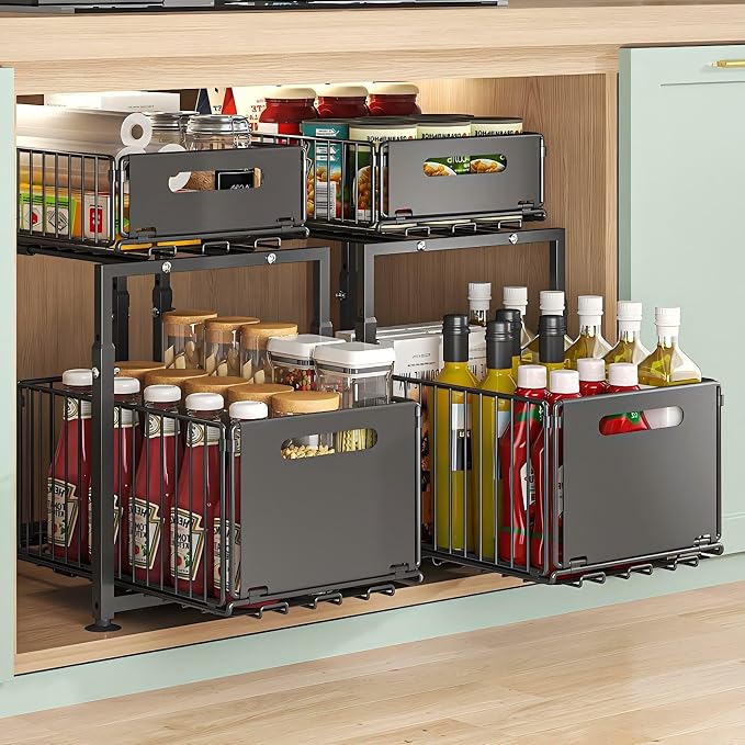 Under Sink Organizer, 2-Tier Multi-Use Kitchen and Bathroom Organizers and Storage, Slide Out Thickened Metal Under The Sink Organizer for Kitchen Bathroom Pantry (Style A White, 2 Pack)