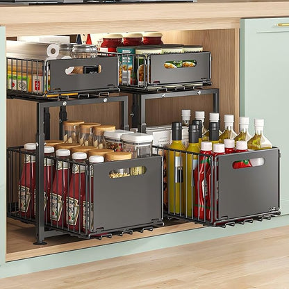 Under Sink Organizer, 2-Tier Multi-Use Kitchen and Bathroom Organizers and Storage, Slide Out Thickened Metal Under The Sink Organizer for Kitchen Bathroom Pantry (Style A White, 2 Pack)