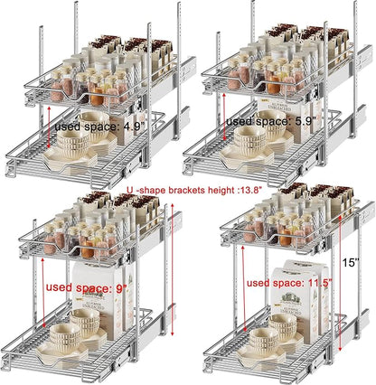 DINDON Pull Out Cabinet Organizer (14" W X 21" D), Cabinet Pull Out Shelves, 2 Tier Pull Out Drawers for Kitchen Cabinets, Wire Basket Slide Out Shelf for Cabinet Organization in Kitchen, Pantry