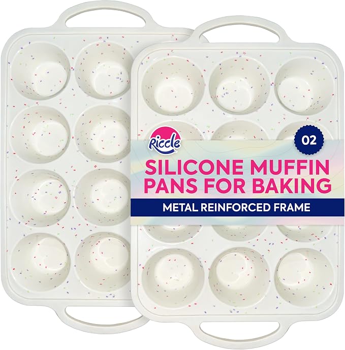 RICCLE Silicone Muffin Pans for Baking with Metal Reinforced Frame, 12-Cup Cupcake Pan, 2 Pcs Muffin Trays for Cupcake Baking, Tray Molds, Oven & Dishwasher Safe, BPA-Free (2 x Regular)